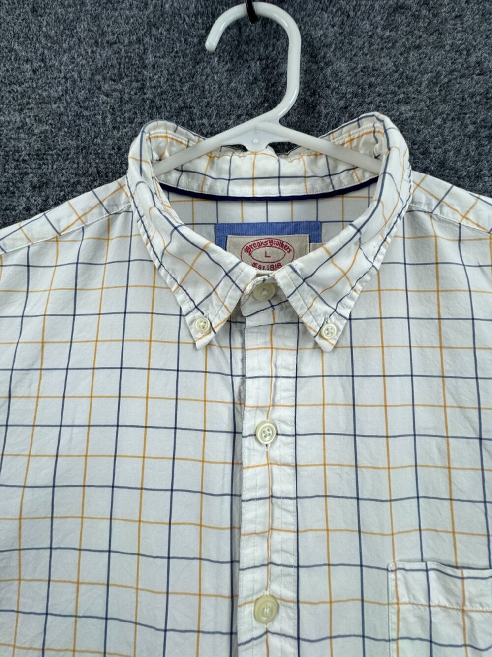 Brooks Brothers White Blue Check Large Button-Down Slim Mens Pocket Business